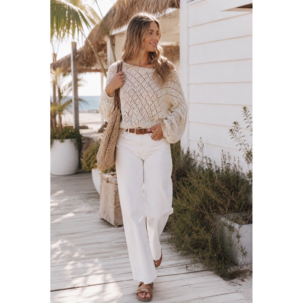 POL Crochet Knit Chenille Sweater Cream Medium Boho Cottagecore